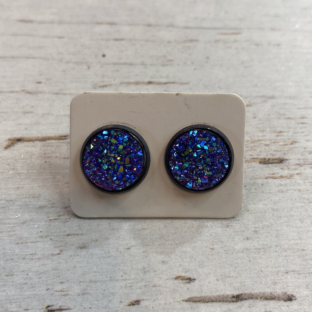 Purple Iridescent Faux Druzy Quartz Stud Earrings